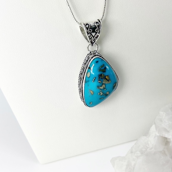 PERSIAN Turquoise Chunky Asymmetrical Gemstone Pendant Necklace Silver 925 New - Picture 5 of 11